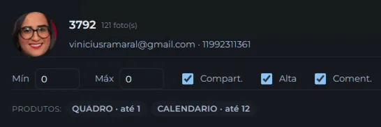 Cartão de controle de um formando no Server PhotoRF exibindo avatar, e-mail, telefone, toggles de mínimo, máximo, compartilhamento, alta resolução e comentários, além dos produtos Quadro e Calendário liberados