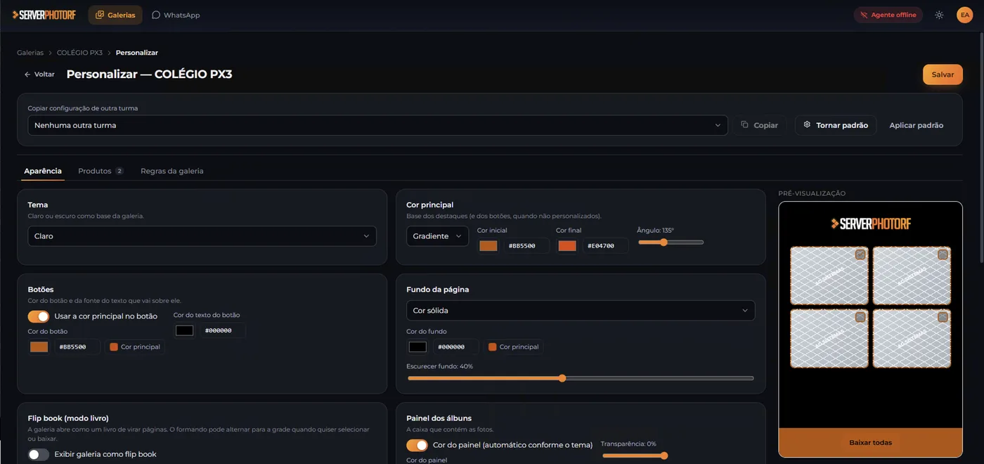 Painel de personalização do Server PhotoRF para o Colégio PX3 com cor principal laranja, logotipo aplicado e prévia da galeria mostrando os produtos disponíveis