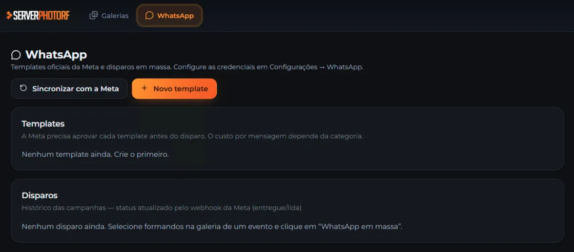 Painel do WhatsApp Business API dentro do Server PhotoRF com abas Templates e Disparos, botões Sincronizar com a Meta e Novo template prontos para envio em massa